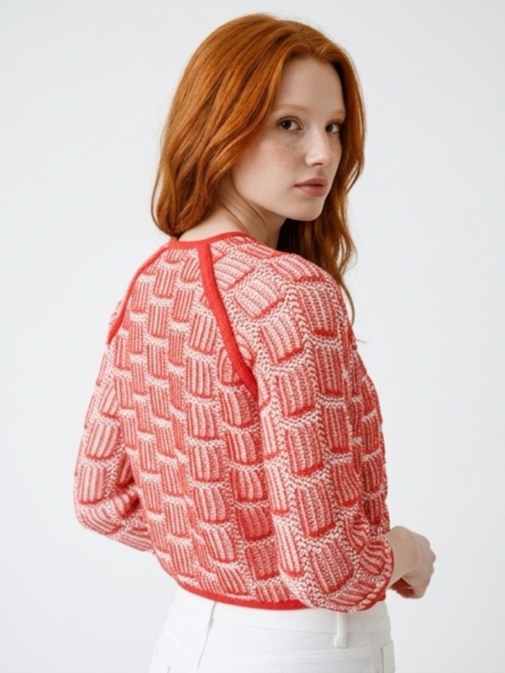 Vena Cava Coral Pink and Cream Textured Cropped Knit Sweater